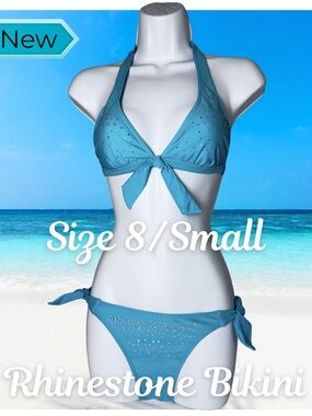 Atmosphere Teal Rhinestone Bikini Set NWOT Size 8 Tie Side Halter